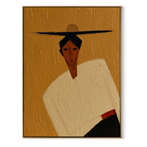 Black Horizon Cuts through Ochre - geometric hat figure painting by Marcus Lau, retro modern vertical wall art – wood frame on white background