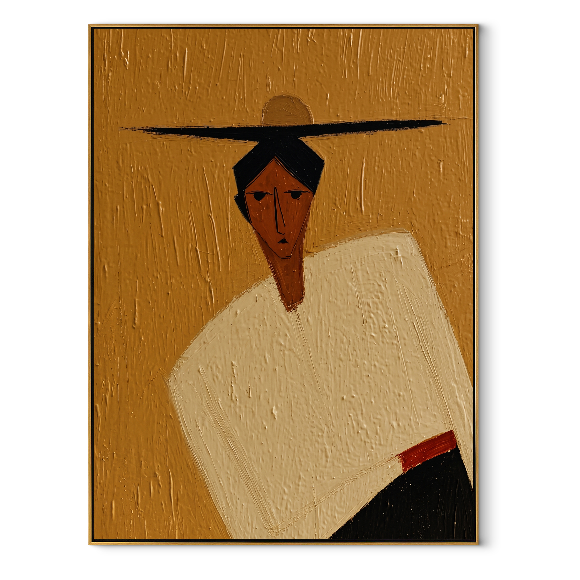 Black Horizon Cuts through Ochre - geometric hat figure painting by Marcus Lau, retro modern vertical wall art – wood frame on white background