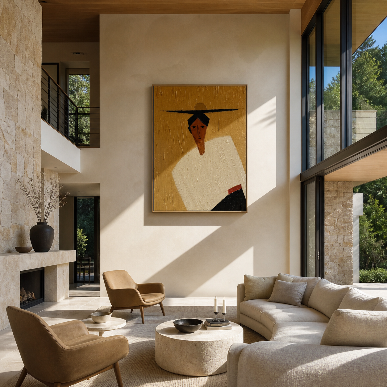 Black Horizon Cuts through Ochre - geometric hat figure painting by Marcus Lau, retro modern vertical wall art – styled room scene view 2