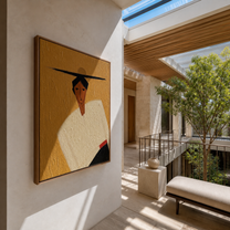 Black Horizon Cuts through Ochre - geometric hat figure painting by Marcus Lau, retro modern vertical wall art – styled room scene view 3