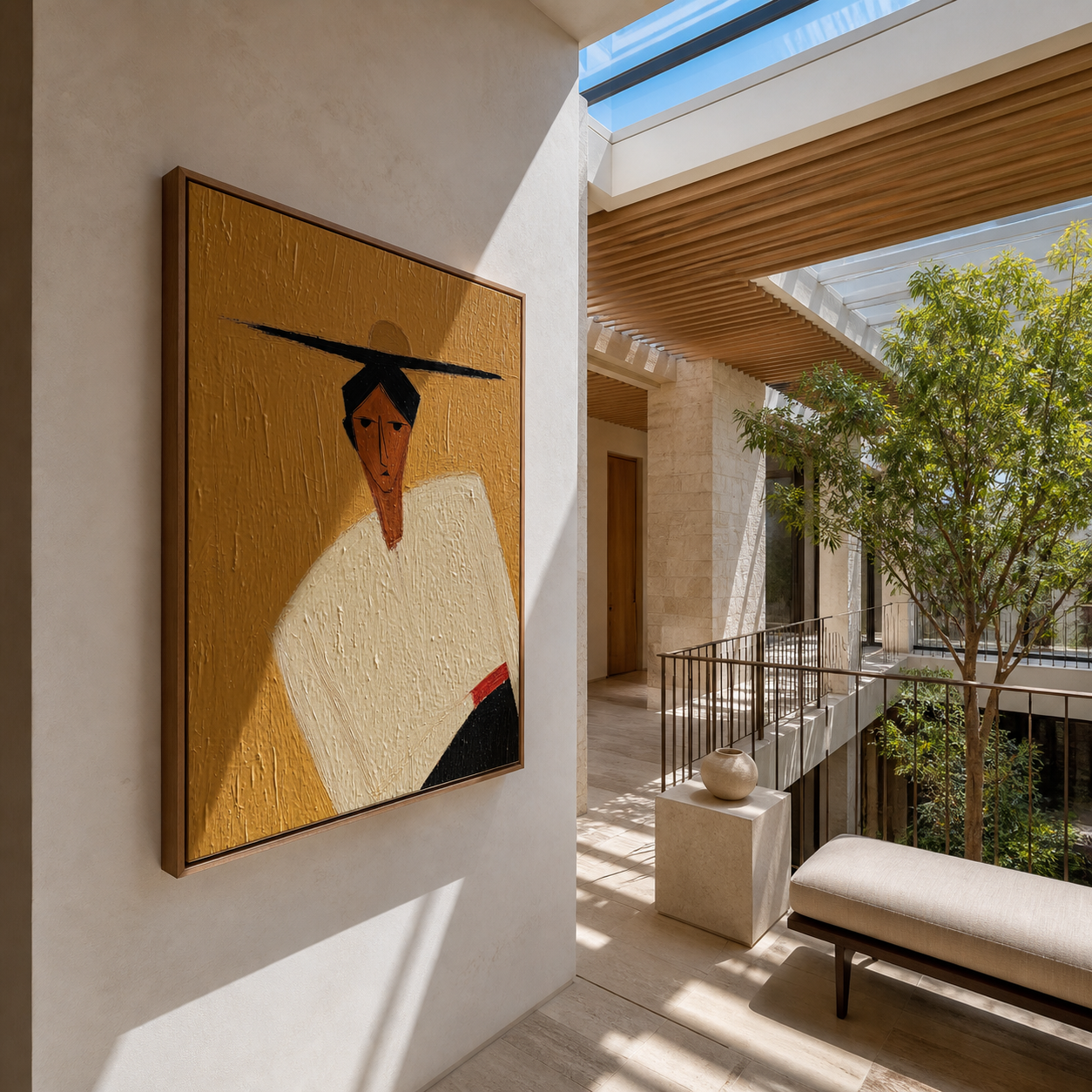 Black Horizon Cuts through Ochre - geometric hat figure painting by Marcus Lau, retro modern vertical wall art – styled room scene view 3