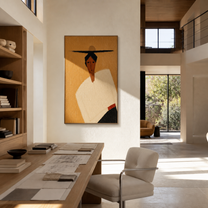 Black Horizon Cuts through Ochre - geometric hat figure painting by Marcus Lau, retro modern vertical wall art – styled room scene view 4