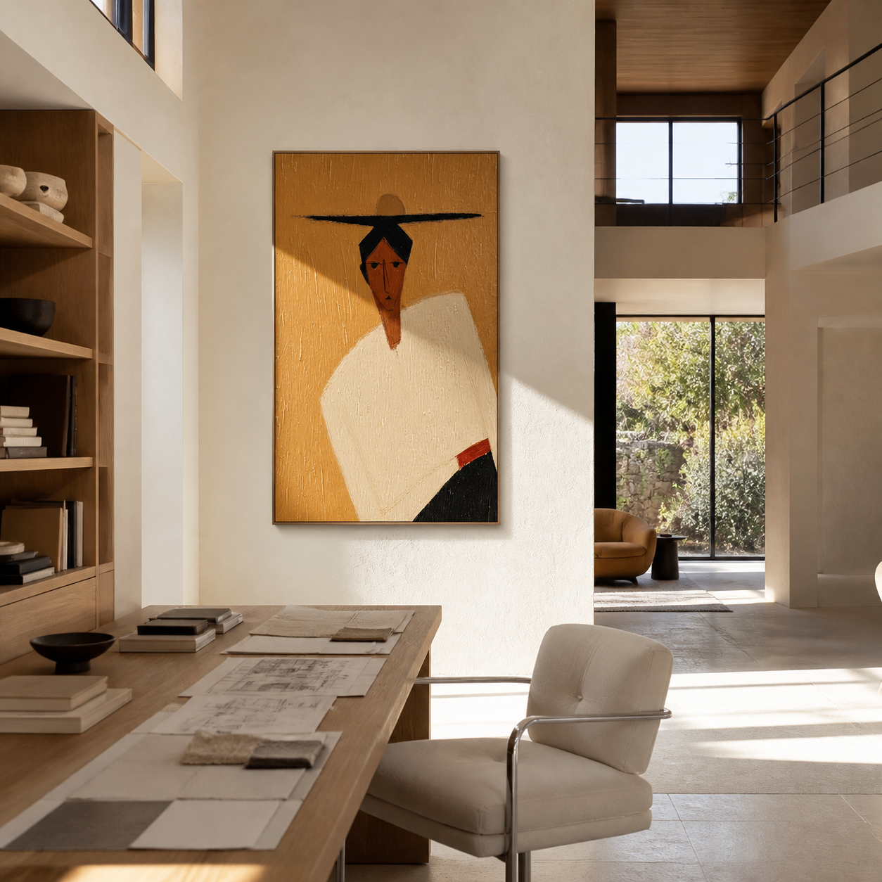 Black Horizon Cuts through Ochre - geometric hat figure painting by Marcus Lau, retro modern vertical wall art – styled room scene view 4