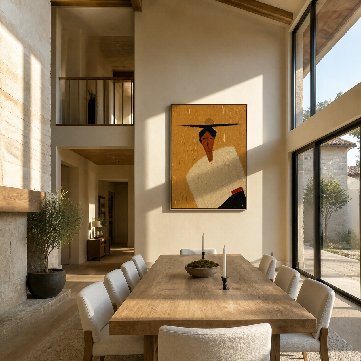 Black Horizon Cuts through Ochre - geometric hat figure painting by Marcus Lau, retro modern vertical wall art – styled room scene view 5