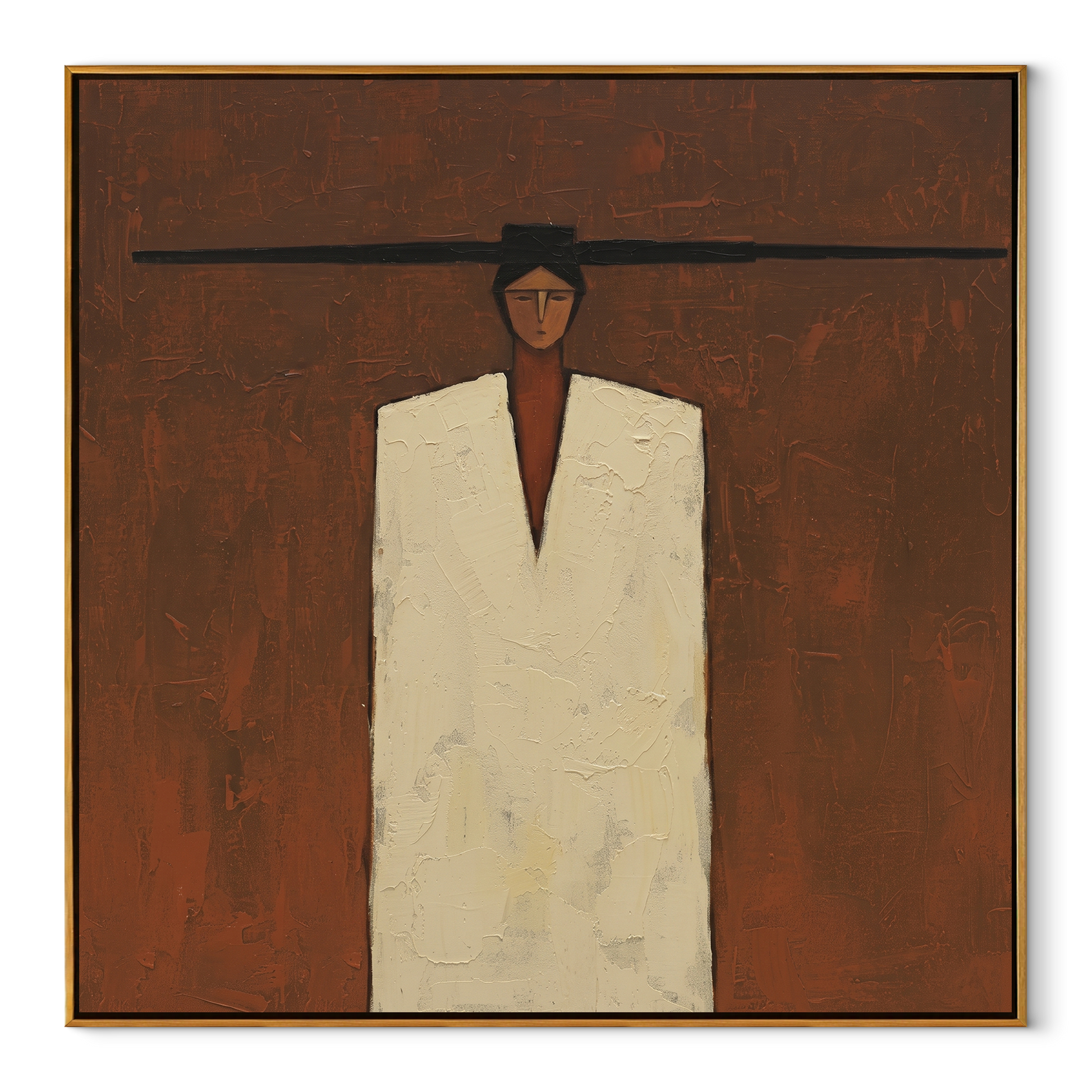 Ivory Stands inside the Brown Room - minimal geometric figure painting by Marcus Lau, retro modern square wall art – wood frame on white background