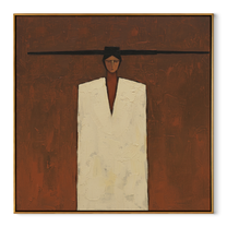 Ivory Stands inside the Brown Room - minimal geometric figure painting by Marcus Lau, retro modern square wall art – wood frame on white background