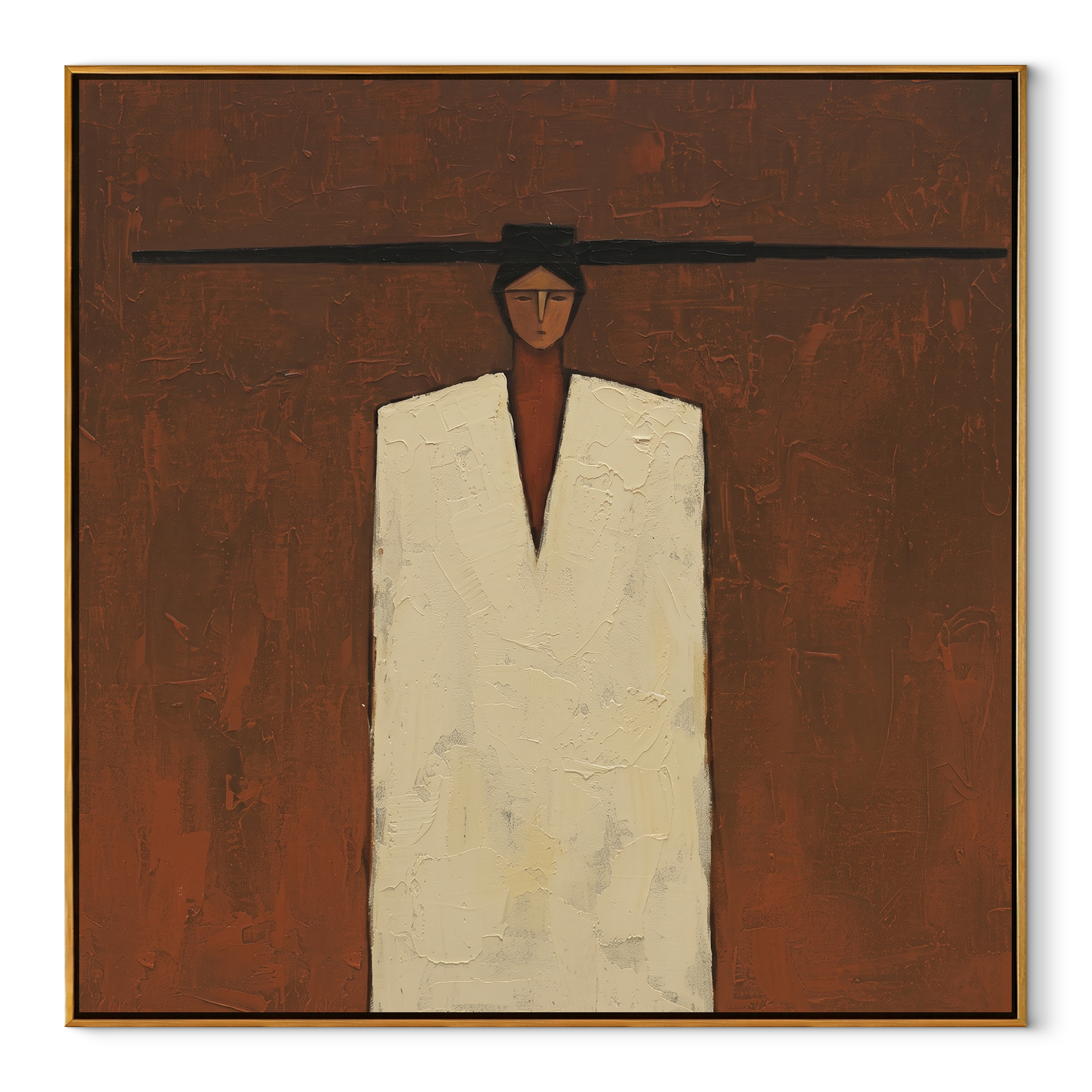 Ivory Stands inside the Brown Room - minimal geometric figure painting by Marcus Lau, retro modern square wall art – wood frame on white background
