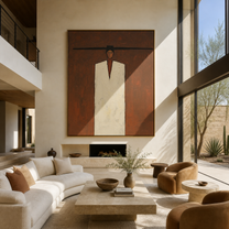 Ivory Stands inside the Brown Room - minimal geometric figure painting by Marcus Lau, retro modern square wall art – styled room scene view 2