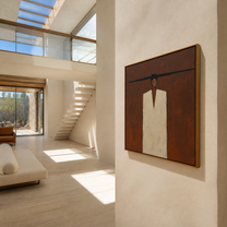 Ivory Stands inside the Brown Room - minimal geometric figure painting by Marcus Lau, retro modern square wall art – styled room scene view 3
