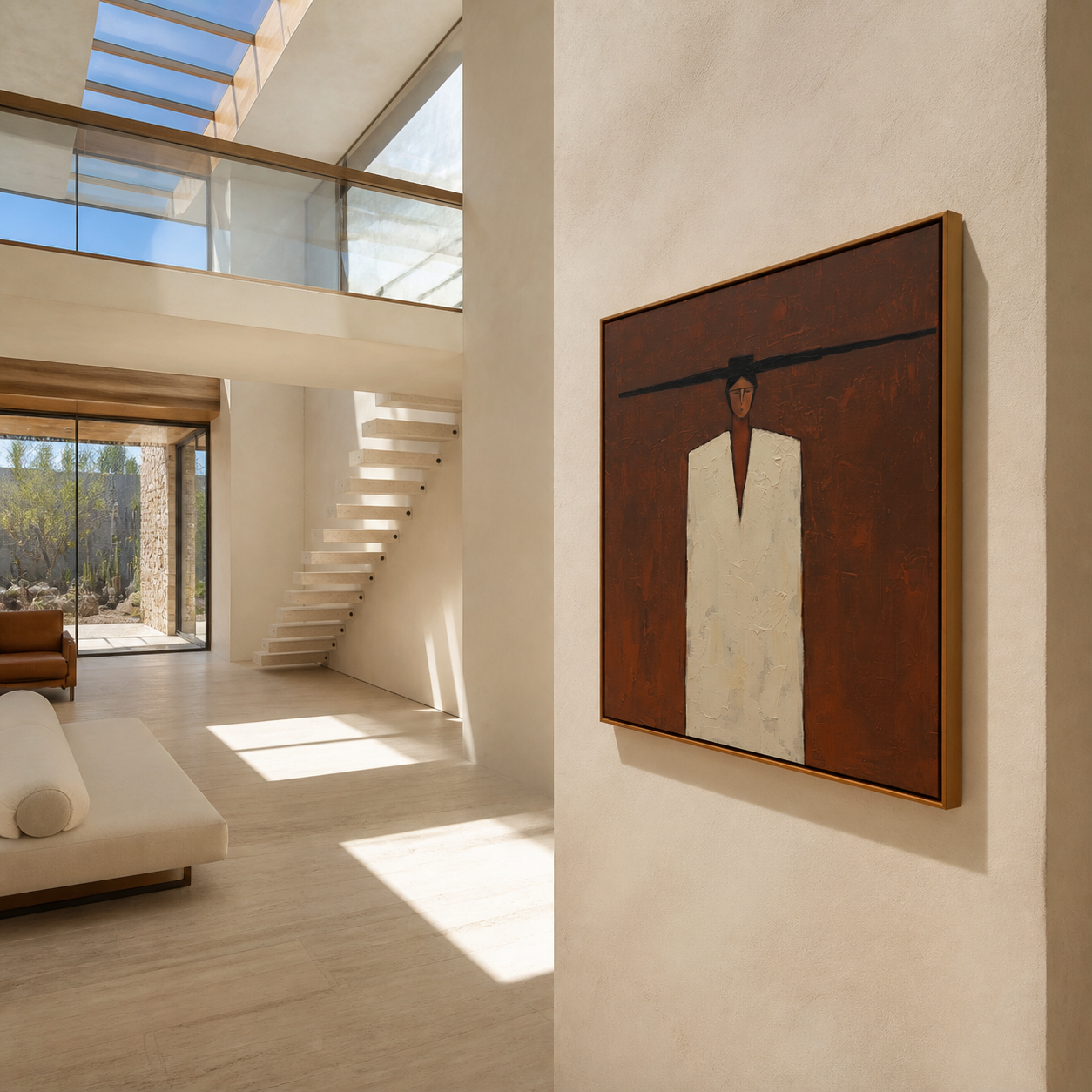 Ivory Stands inside the Brown Room - minimal geometric figure painting by Marcus Lau, retro modern square wall art – styled room scene view 3