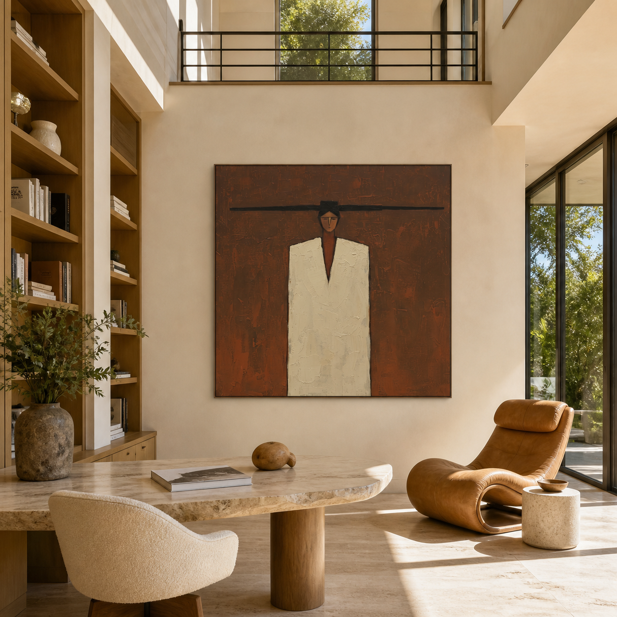 Ivory Stands inside the Brown Room - minimal geometric figure painting by Marcus Lau, retro modern square wall art – styled room scene view 4