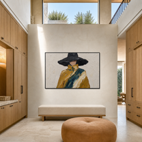 Midnight Brim Crosses the Golden Coat - black hat fashion portrait by Marcus Lau, retro modern horizontal wall art – styled room scene view 1