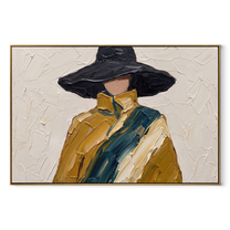 Midnight Brim Crosses the Golden Coat - black hat fashion portrait by Marcus Lau, retro modern horizontal wall art – wood frame on white background