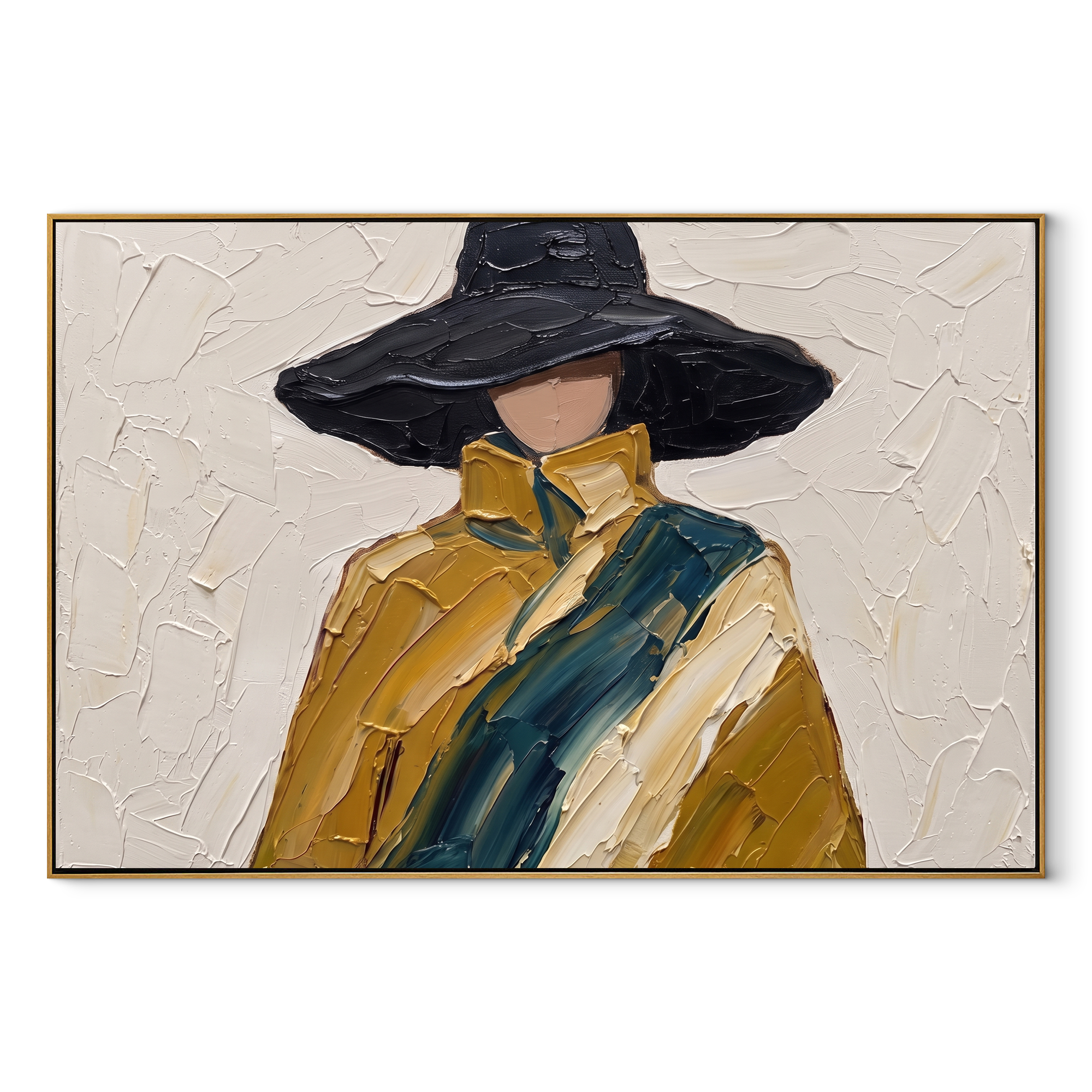 Midnight Brim Crosses the Golden Coat - black hat fashion portrait by Marcus Lau, retro modern horizontal wall art – wood frame on white background