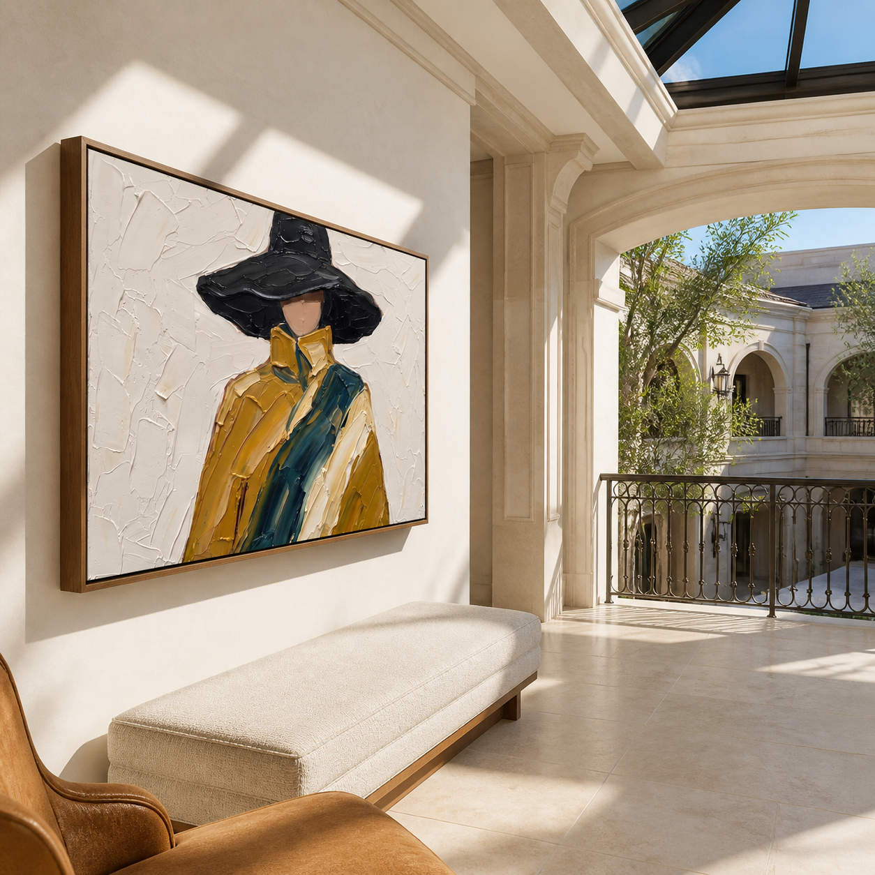 Midnight Brim Crosses the Golden Coat - black hat fashion portrait by Marcus Lau, retro modern horizontal wall art – styled room scene view 2