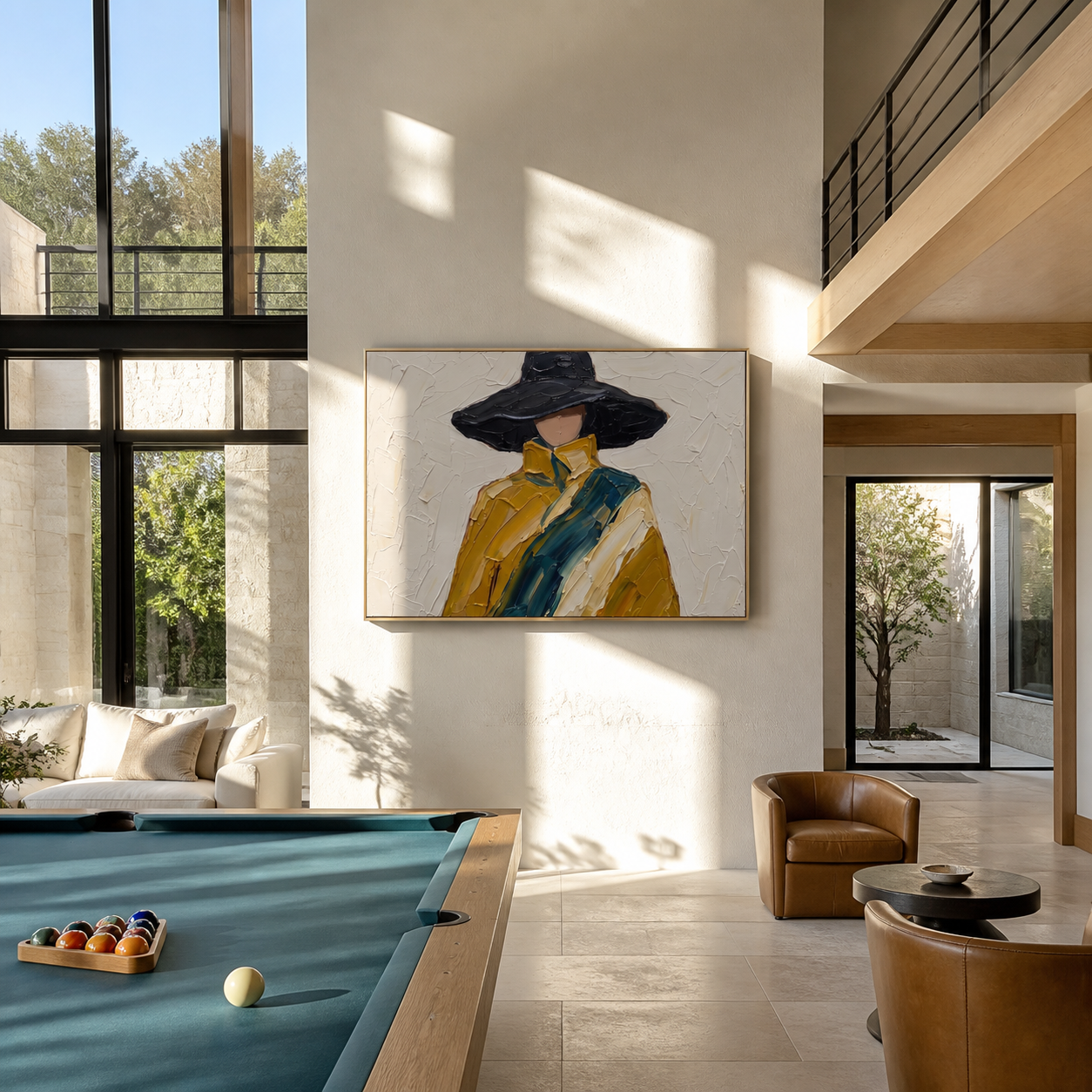 Midnight Brim Crosses the Golden Coat - black hat fashion portrait by Marcus Lau, retro modern horizontal wall art – styled room scene view 3