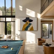 Midnight Brim Crosses the Golden Coat - black hat fashion portrait by Marcus Lau, retro modern horizontal wall art – styled room scene view 3