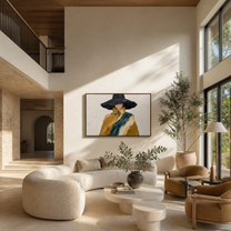 Midnight Brim Crosses the Golden Coat - black hat fashion portrait by Marcus Lau, retro modern horizontal wall art – styled room scene view 4