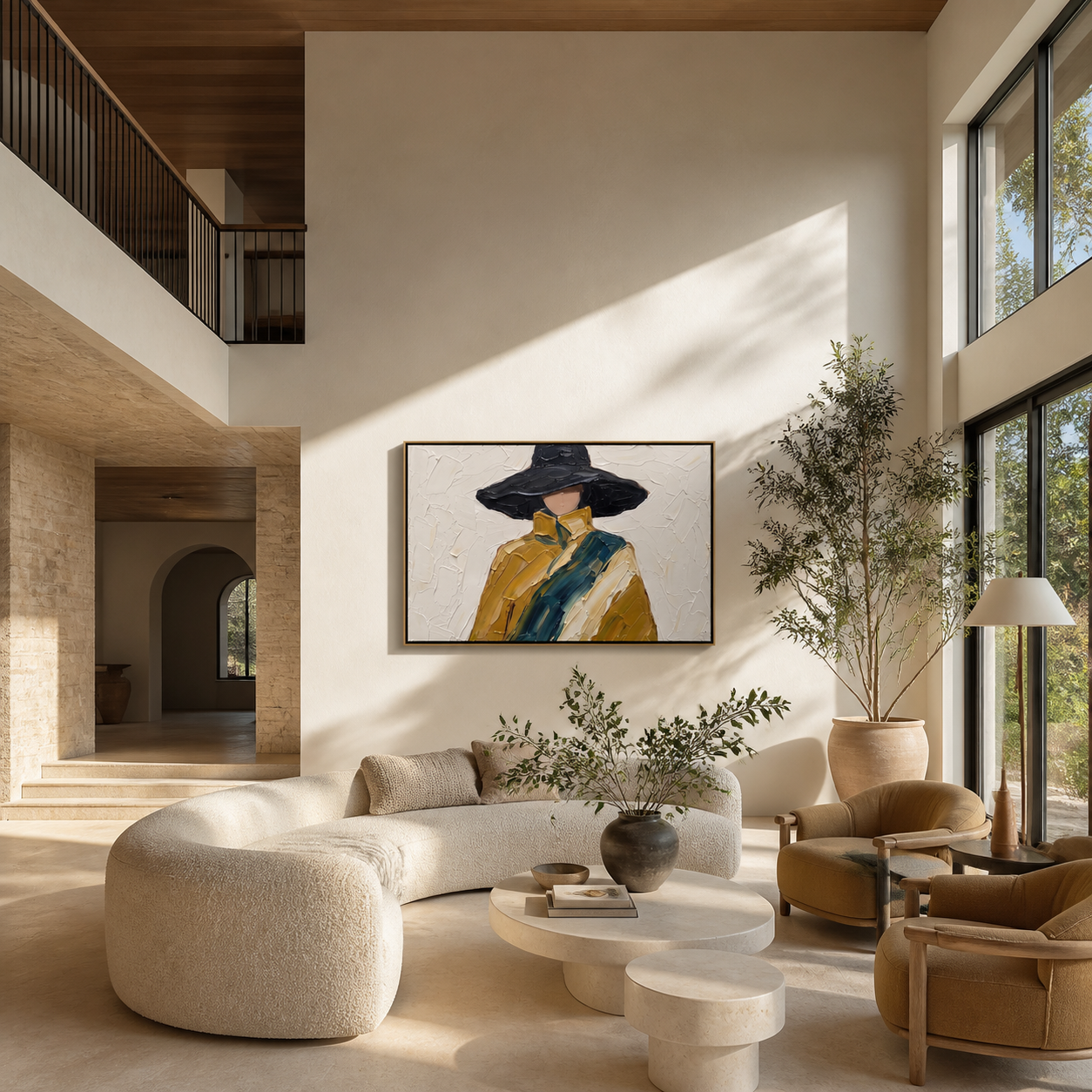 Midnight Brim Crosses the Golden Coat - black hat fashion portrait by Marcus Lau, retro modern horizontal wall art – styled room scene view 4
