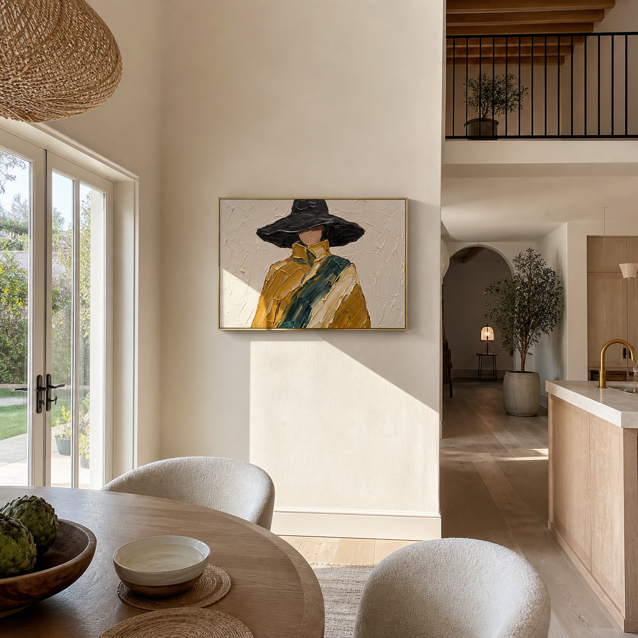 Midnight Brim Crosses the Golden Coat - black hat fashion portrait by Marcus Lau, retro modern horizontal wall art – styled room scene view 5