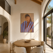 Blue Stripes Lean into Thought - striped woman portrait by Marcus Lau, retro modern vertical wall art – styled room scene view 1
