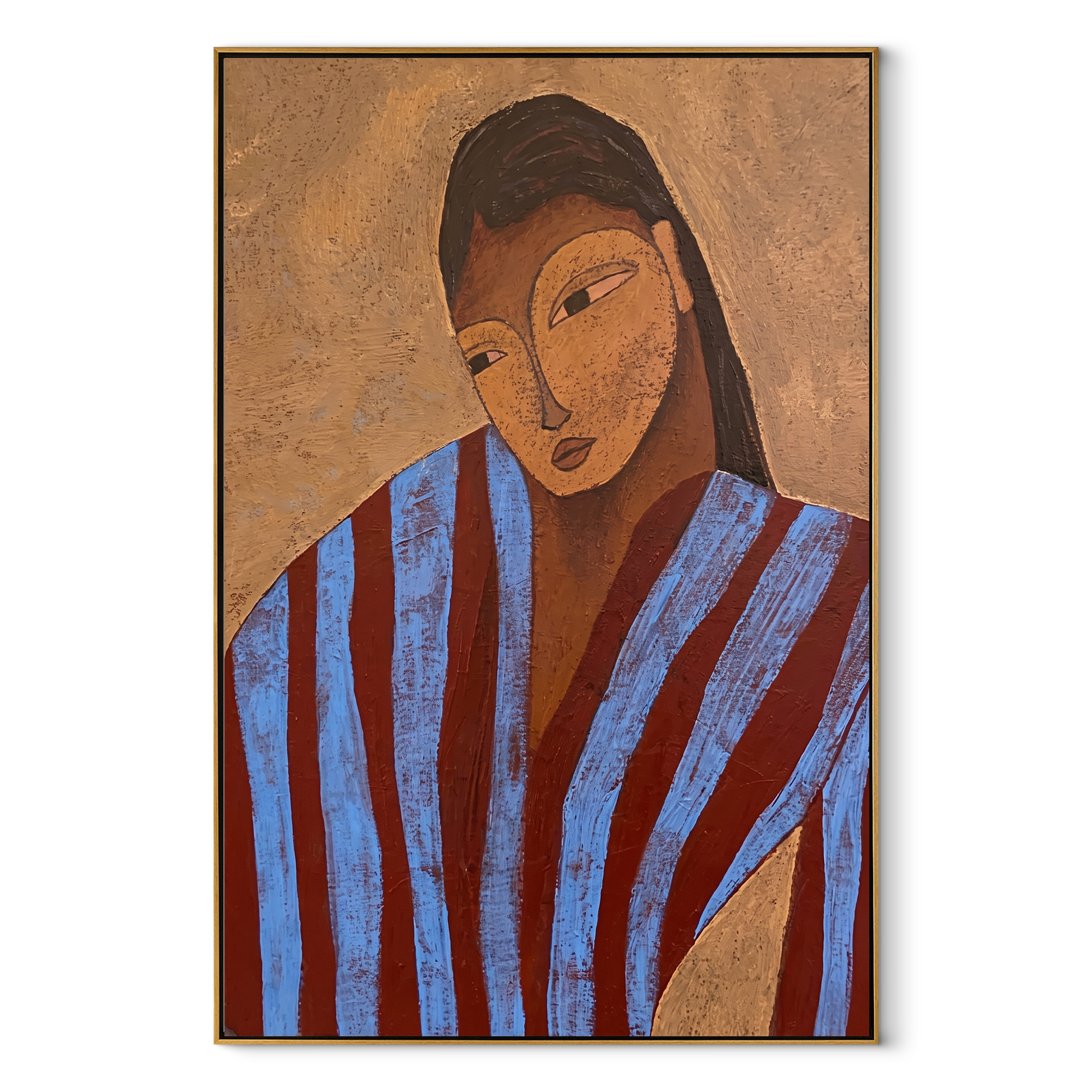 Blue Stripes Lean into Thought - striped woman portrait by Marcus Lau, retro modern vertical wall art – wood frame on white background