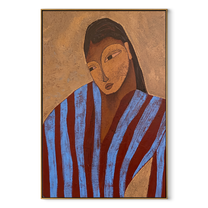 Blue Stripes Lean into Thought - striped woman portrait by Marcus Lau, retro modern vertical wall art – wood frame on white background