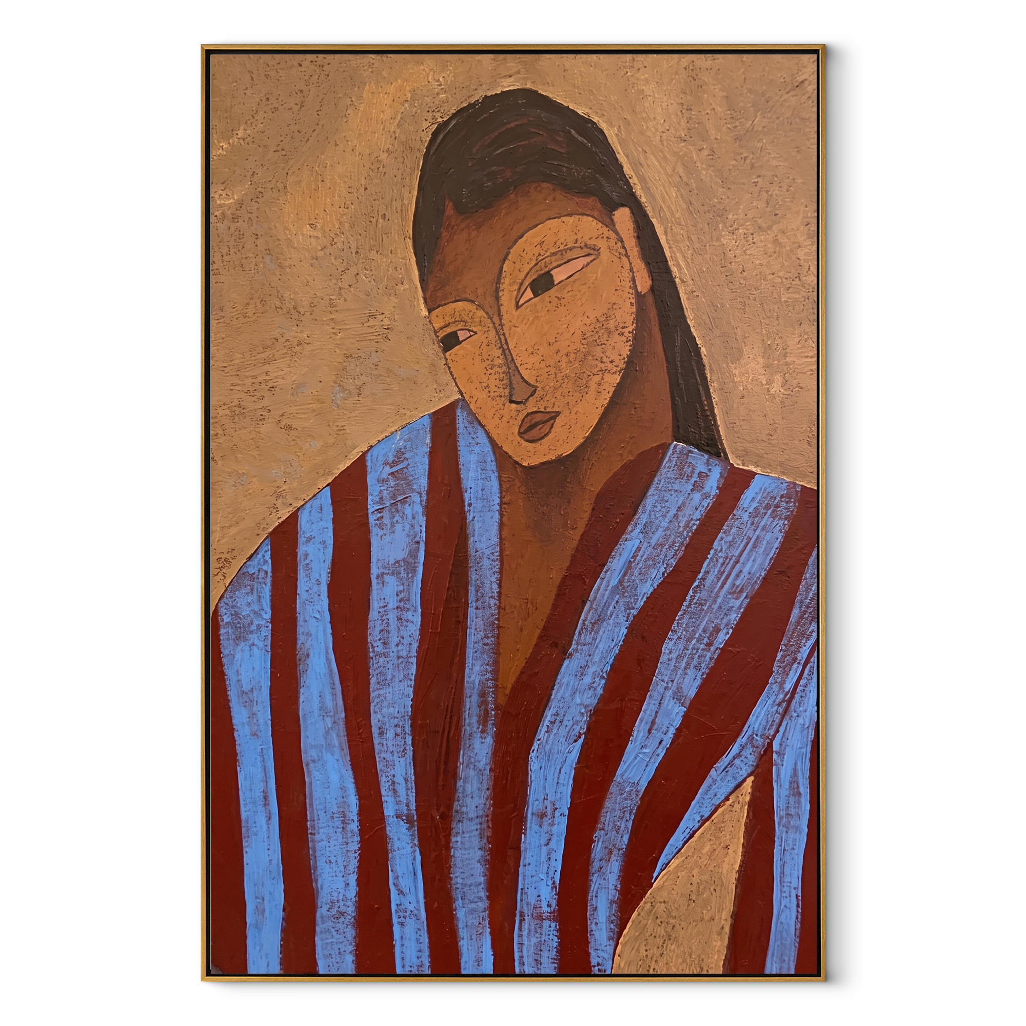 Blue Stripes Lean into Thought - striped woman portrait by Marcus Lau, retro modern vertical wall art – wood frame on white background