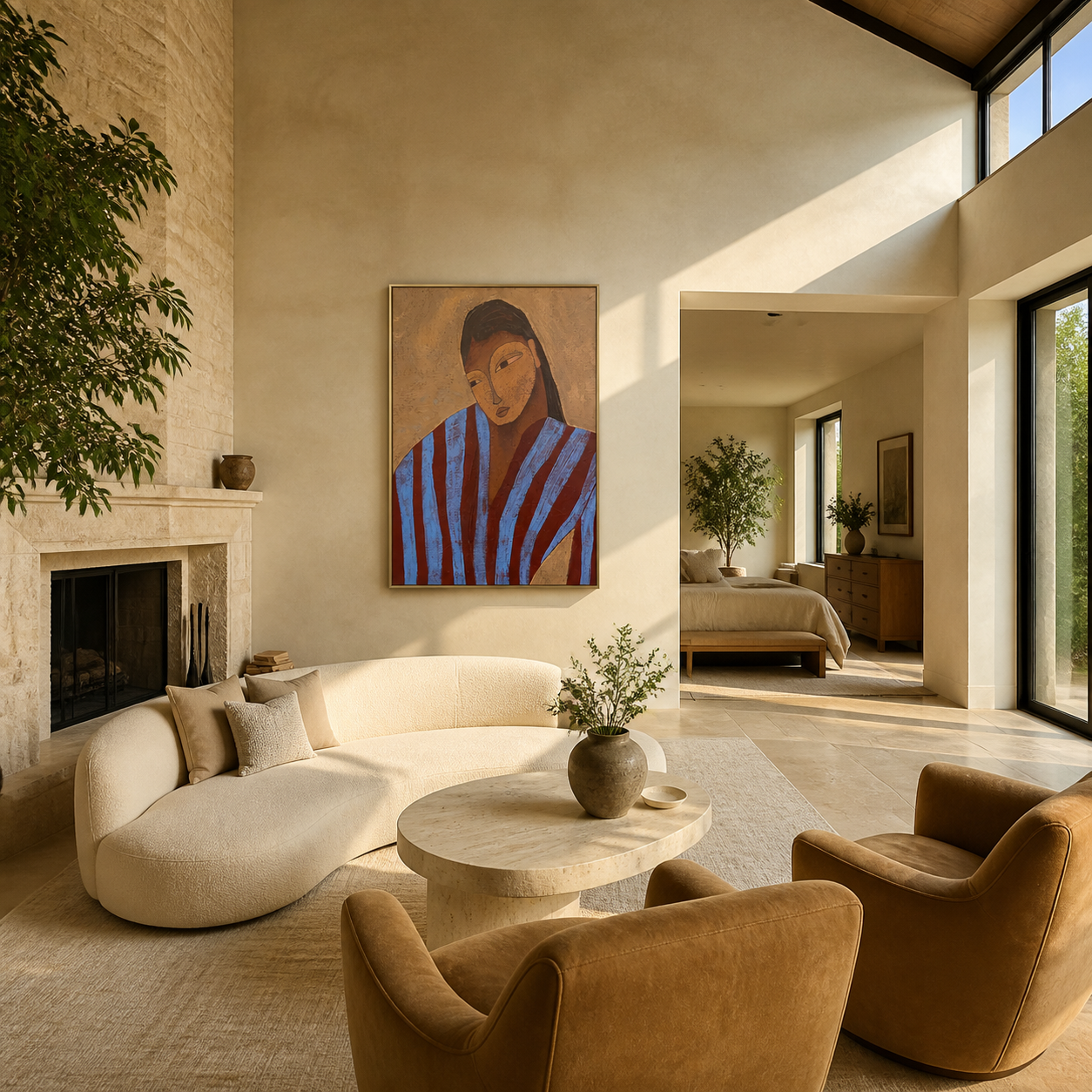 Blue Stripes Lean into Thought - striped woman portrait by Marcus Lau, retro modern vertical wall art – styled room scene view 2
