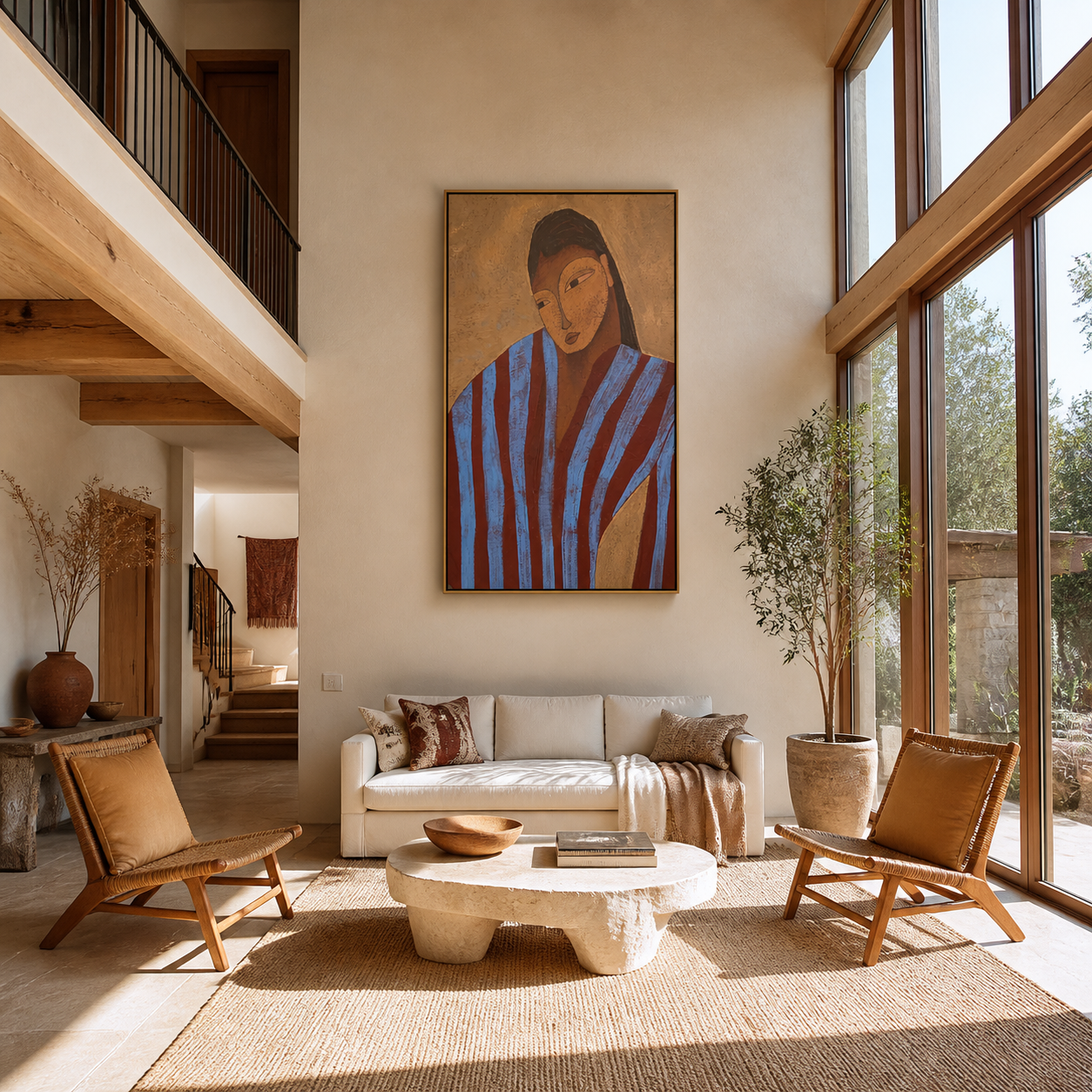 Blue Stripes Lean into Thought - striped woman portrait by Marcus Lau, retro modern vertical wall art – styled room scene view 3