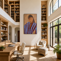 Blue Stripes Lean into Thought - striped woman portrait by Marcus Lau, retro modern vertical wall art – styled room scene view 5