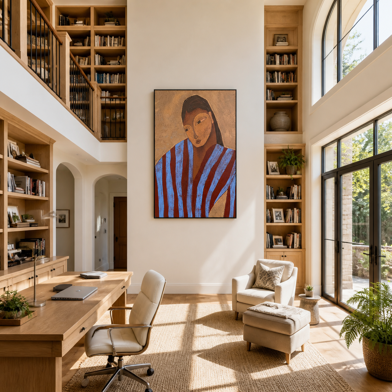 Blue Stripes Lean into Thought - striped woman portrait by Marcus Lau, retro modern vertical wall art – styled room scene view 5