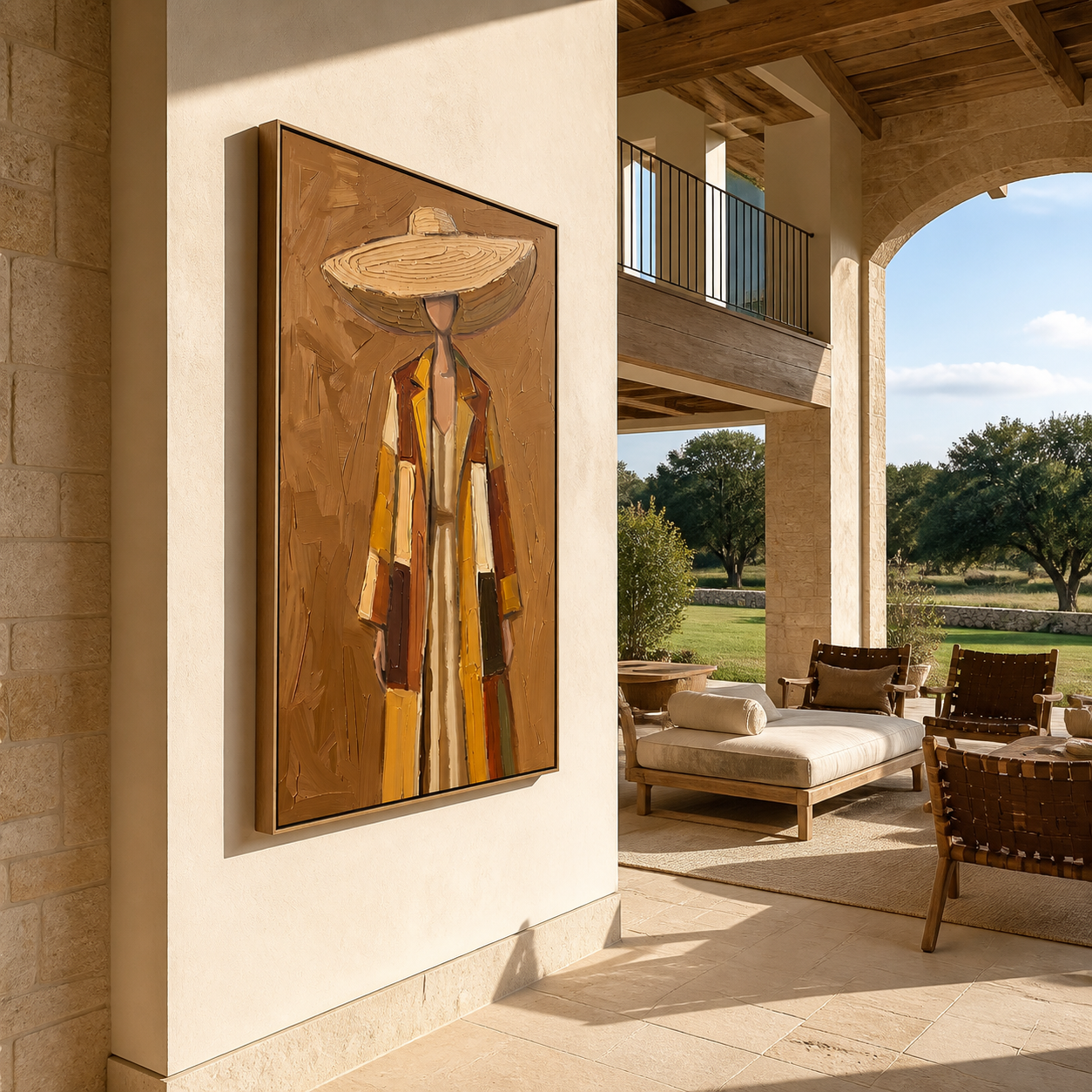 The Straw Brim Shelters Autumn Layers - layered coat woman painting by Marcus Lau, retro modern vertical wall art – styled room scene view 1
