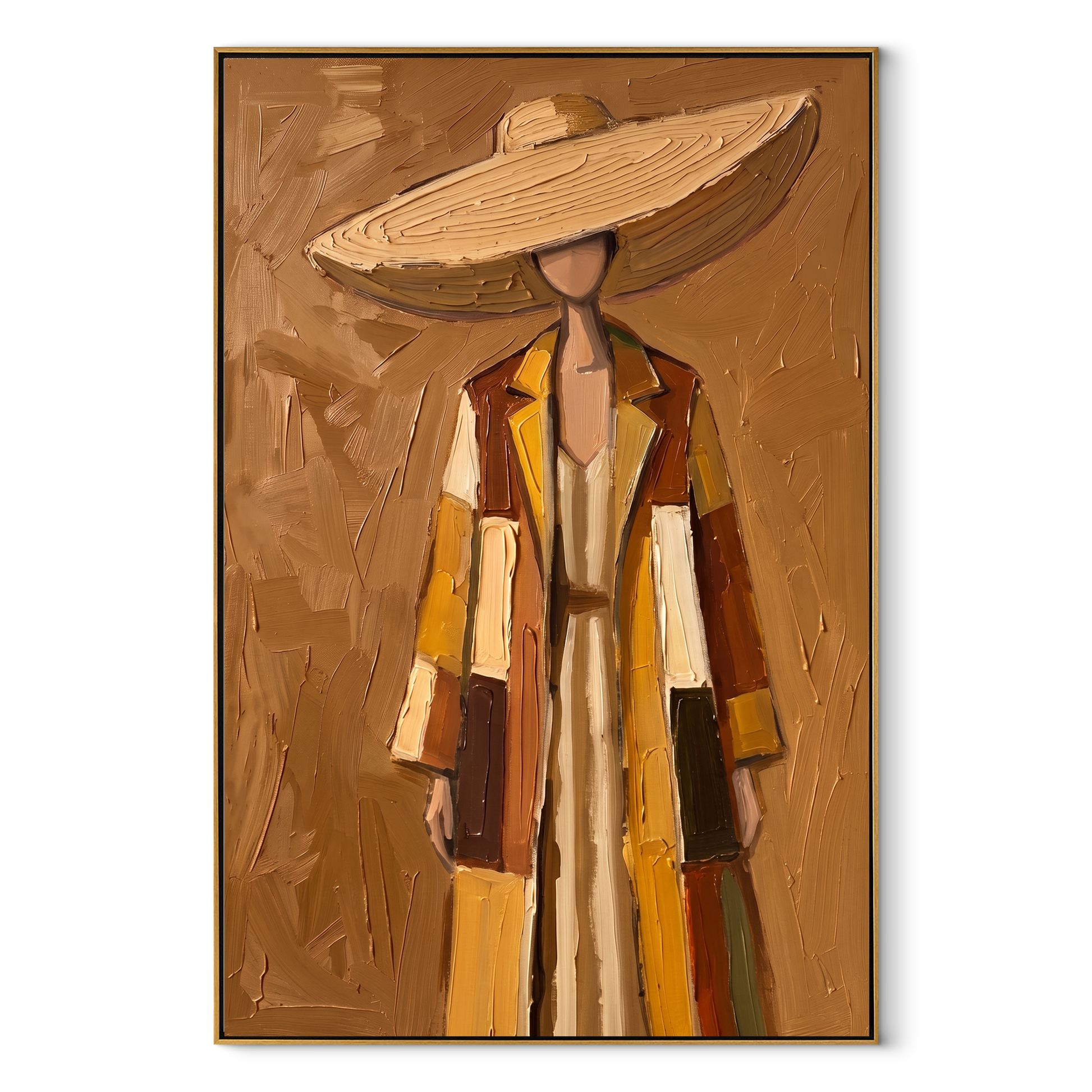 The Straw Brim Shelters Autumn Layers - layered coat woman painting by Marcus Lau, retro modern vertical wall art – wood frame on white background