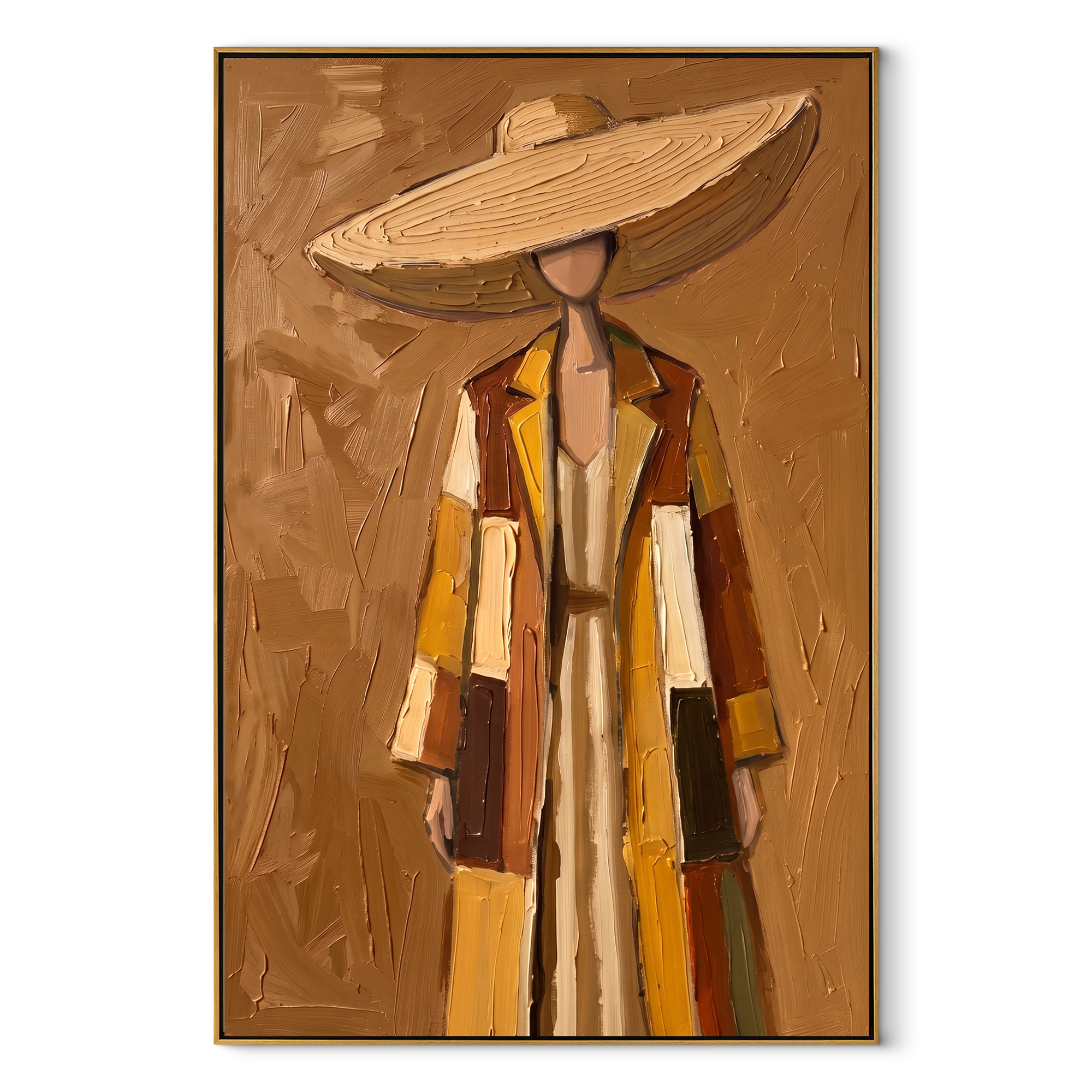 The Straw Brim Shelters Autumn Layers - layered coat woman painting by Marcus Lau, retro modern vertical wall art – wood frame on white background