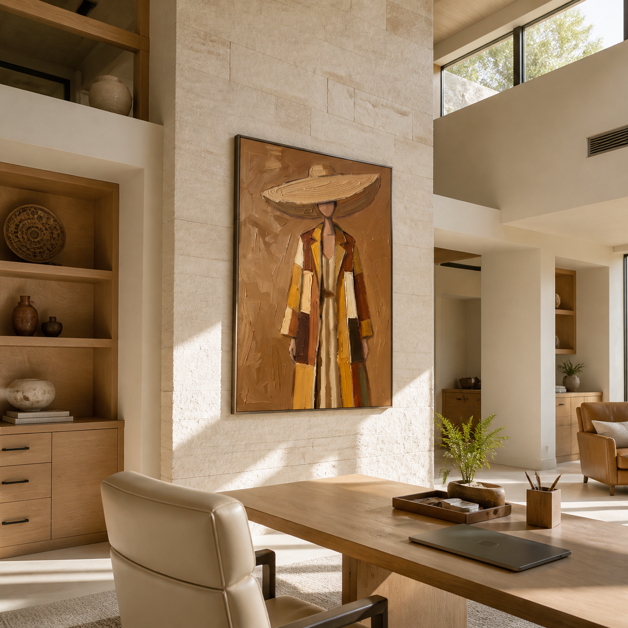The Straw Brim Shelters Autumn Layers - layered coat woman painting by Marcus Lau, retro modern vertical wall art – styled room scene view 2