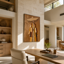 The Straw Brim Shelters Autumn Layers - layered coat woman painting by Marcus Lau, retro modern vertical wall art – styled room scene view 2