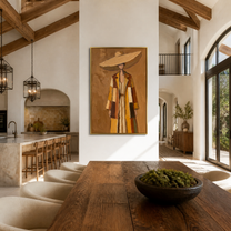 The Straw Brim Shelters Autumn Layers - layered coat woman painting by Marcus Lau, retro modern vertical wall art – styled room scene view 3