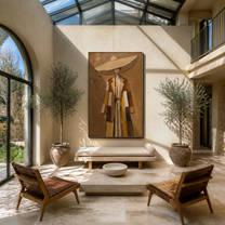 The Straw Brim Shelters Autumn Layers - layered coat woman painting by Marcus Lau, retro modern vertical wall art – styled room scene view 4