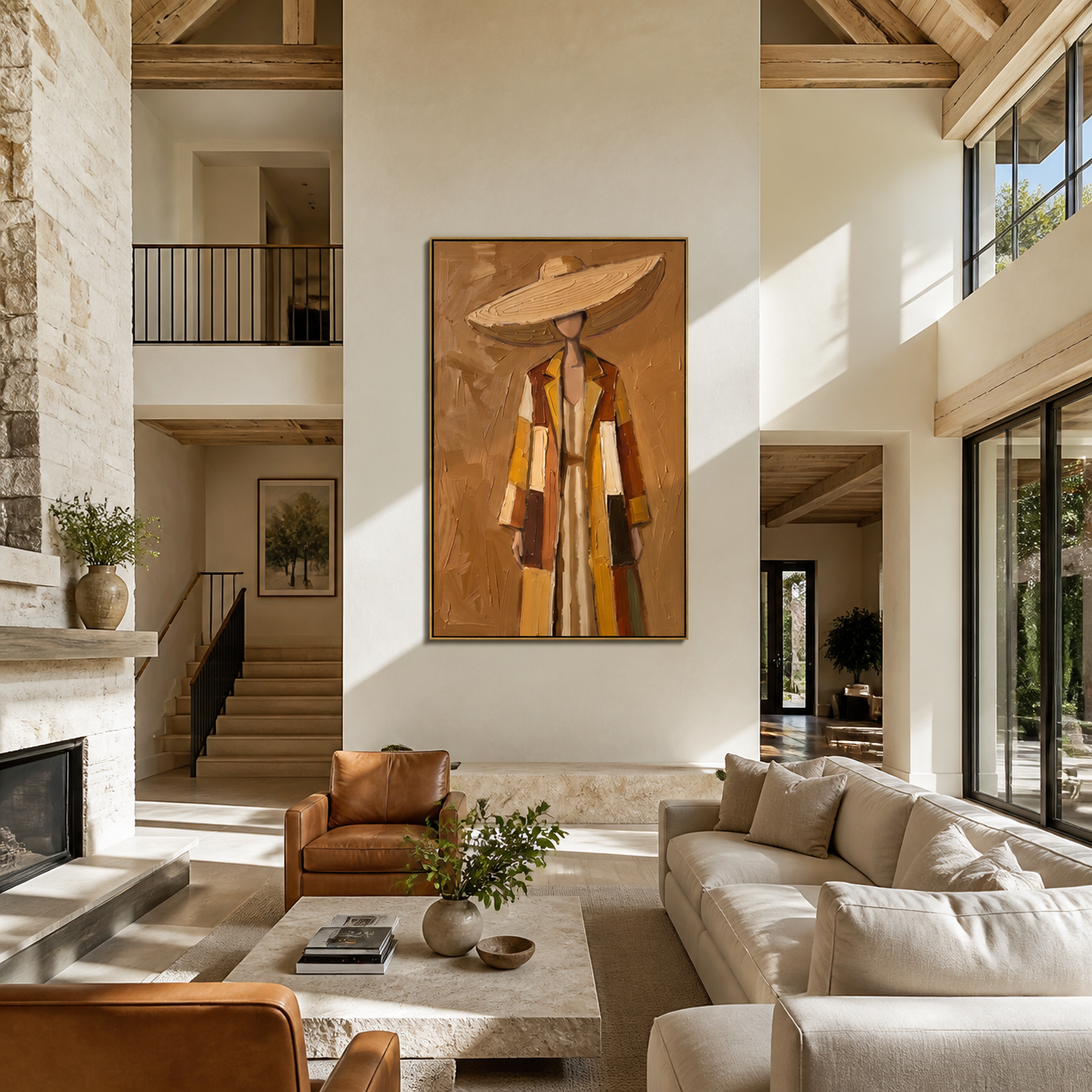 The Straw Brim Shelters Autumn Layers - layered coat woman painting by Marcus Lau, retro modern vertical wall art – styled room scene view 5