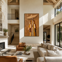 The Straw Brim Shelters Autumn Layers - layered coat woman painting by Marcus Lau, retro modern vertical wall art – styled room scene view 5