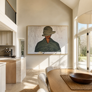 Gray Brim Lowers over the Coffee Cup - man drinking coffee painting by Marcus Lau, retro modern horizontal wall art – styled room scene view 1