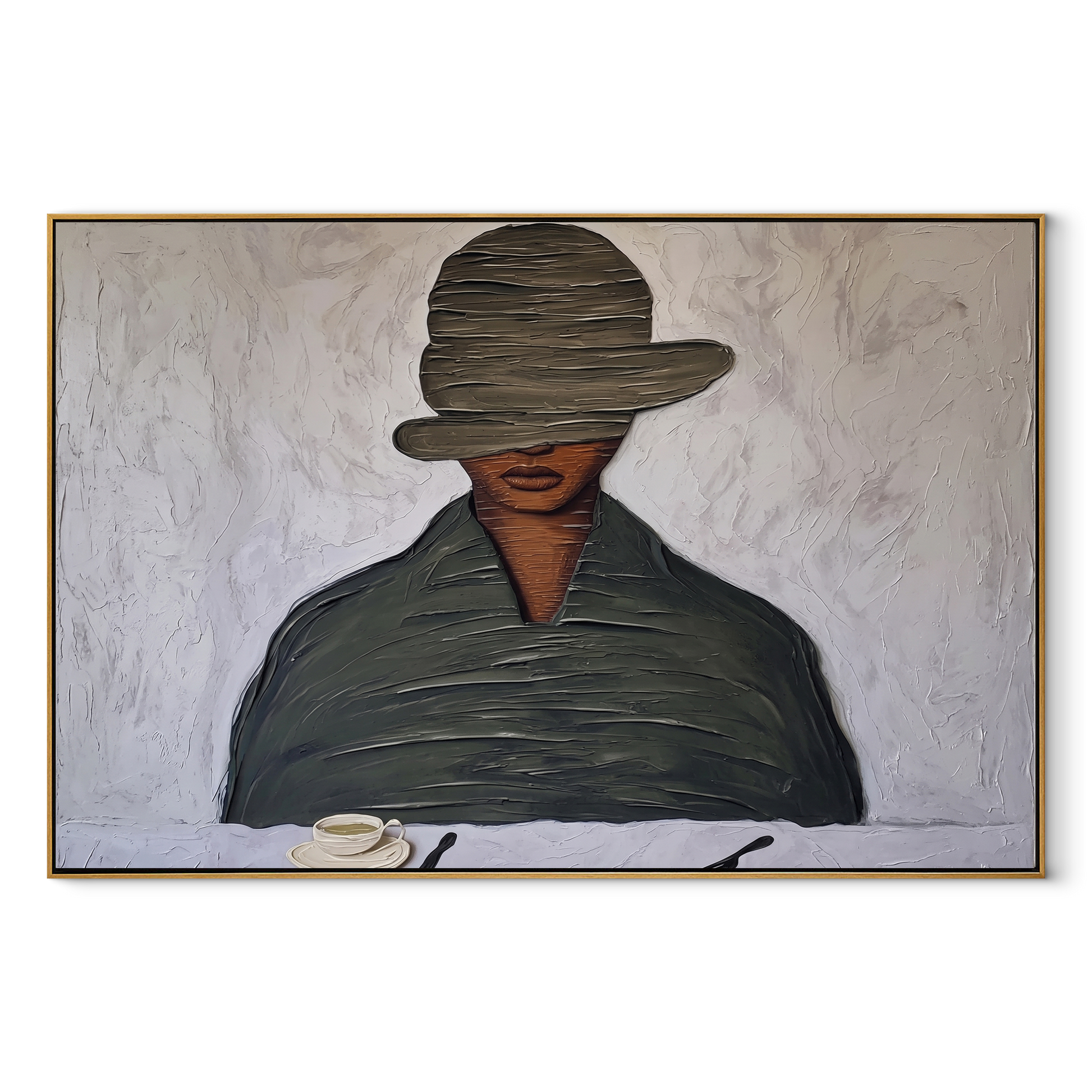 Gray Brim Lowers over the Coffee Cup - man drinking coffee painting by Marcus Lau, retro modern horizontal wall art – wood frame on white background