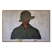 Gray Brim Lowers over the Coffee Cup - man drinking coffee painting by Marcus Lau, retro modern horizontal wall art – wood frame on white background