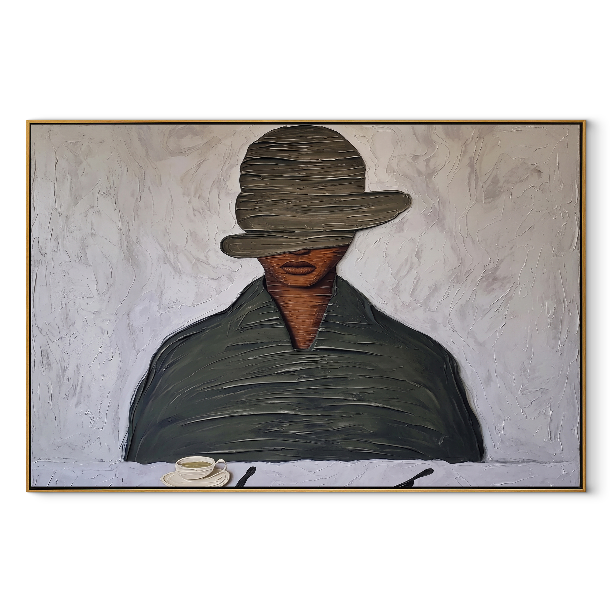 Gray Brim Lowers over the Coffee Cup - man drinking coffee painting by Marcus Lau, retro modern horizontal wall art – wood frame on white background