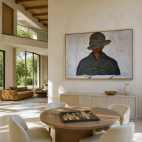 Gray Brim Lowers over the Coffee Cup - man drinking coffee painting by Marcus Lau, retro modern horizontal wall art – styled room scene view 2
