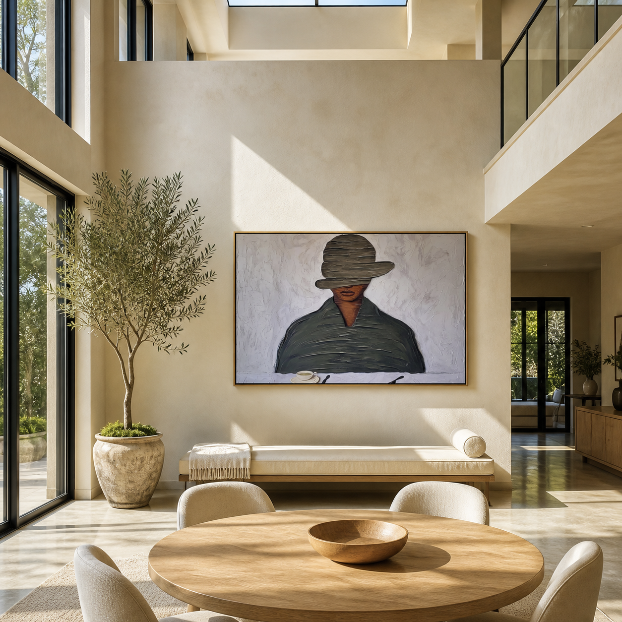 Gray Brim Lowers over the Coffee Cup - man drinking coffee painting by Marcus Lau, retro modern horizontal wall art – styled room scene view 3