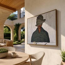 Gray Brim Lowers over the Coffee Cup - man drinking coffee painting by Marcus Lau, retro modern horizontal wall art – styled room scene view 4
