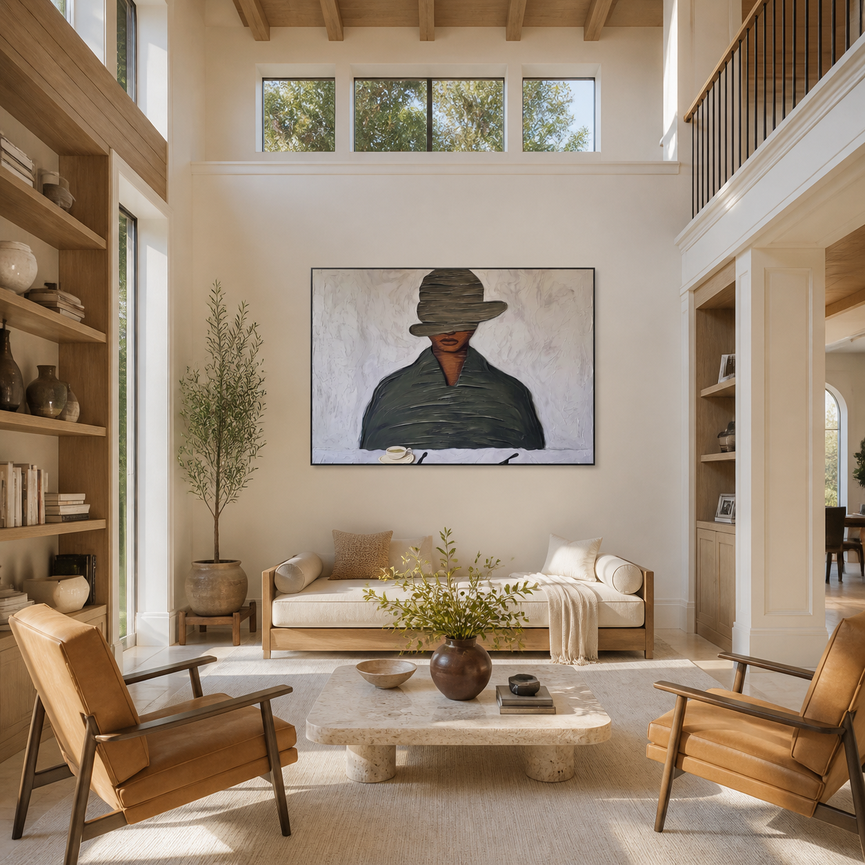 Gray Brim Lowers over the Coffee Cup - man drinking coffee painting by Marcus Lau, retro modern horizontal wall art – styled room scene view 5
