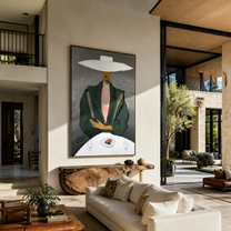 White Brim Presides over the Table - woman at table painting by Marcus Lau, retro modern vertical wall art – styled room scene view 1